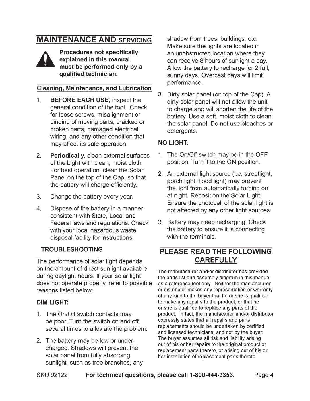 Harbor Freight Tools 92122 operating instructions Maintenance And Servicing, Dim Light, No Light 