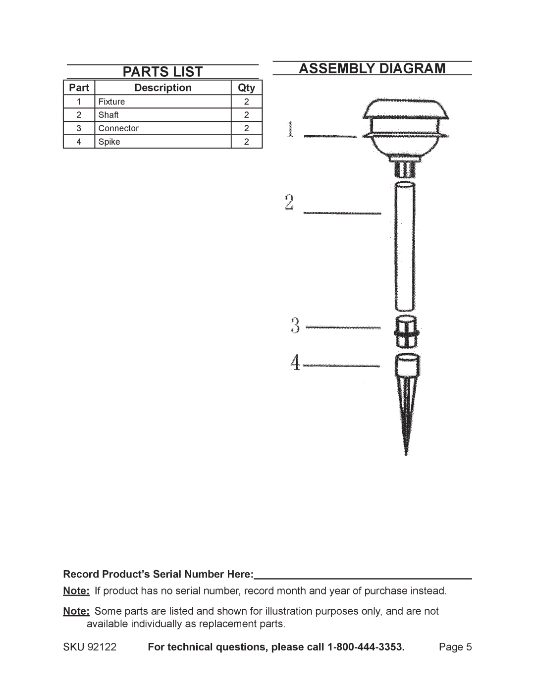 Harbor Freight Tools 92122 Assembly diagram, Part Description Qty, Record Product’s Serial Number Here 