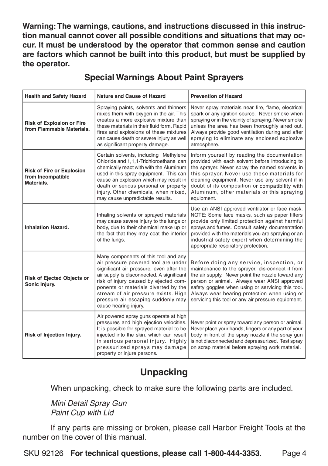 Harbor Freight Tools 92126 operating instructions Unpacking, Special Warnings About Paint Sprayers 