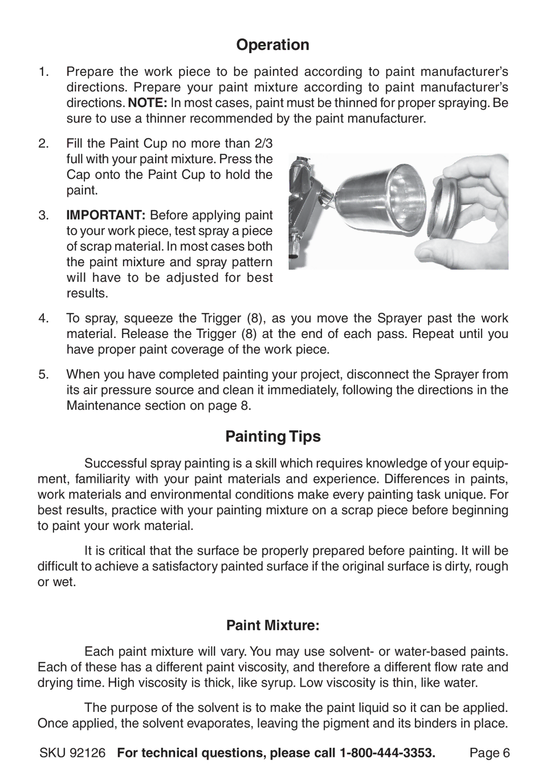 Harbor Freight Tools 92126 operating instructions Operation, Painting Tips, Paint Mixture 