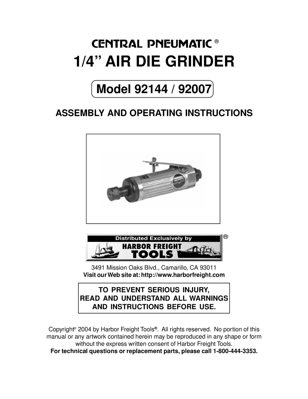 Harbor Freight Tools 92007, 92144 operating instructions AIR DIE Grinder 