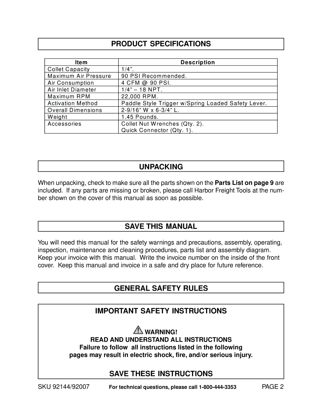 Harbor Freight Tools 92144 Product Specifications, Unpacking, Save this Manual, Read and Understand ALL Instructions 