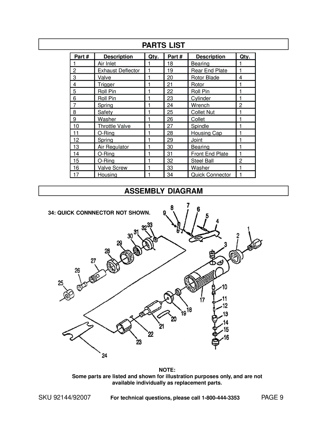 Harbor Freight Tools 92007, 92144 operating instructions Parts List, Assembly Diagram 