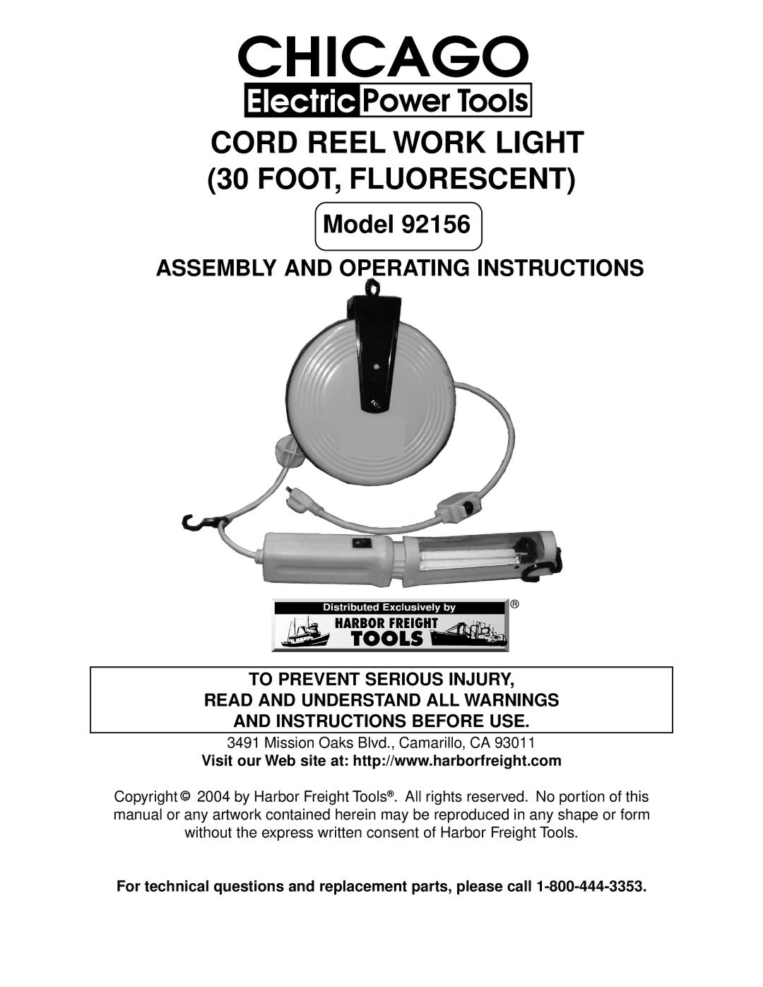 Harbor Freight Tools 92156 operating instructions Cord Reel Work Light 