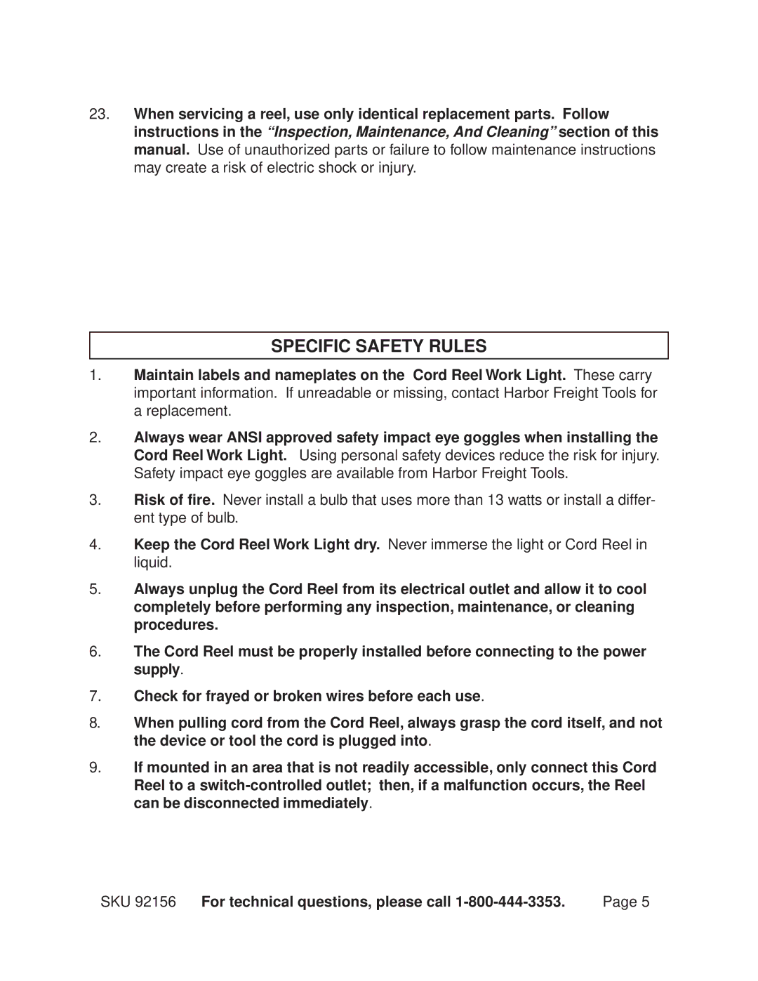 Harbor Freight Tools 92156 operating instructions Specific Safety Rules 