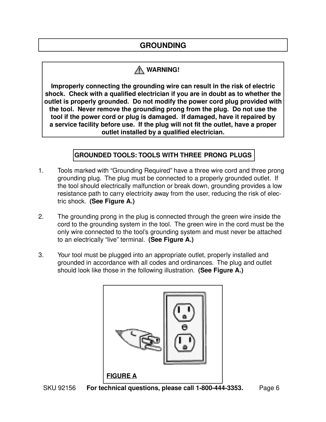 Harbor Freight Tools 92156 operating instructions Grounding, Grounded Tools Tools with Three Prong Plugs 