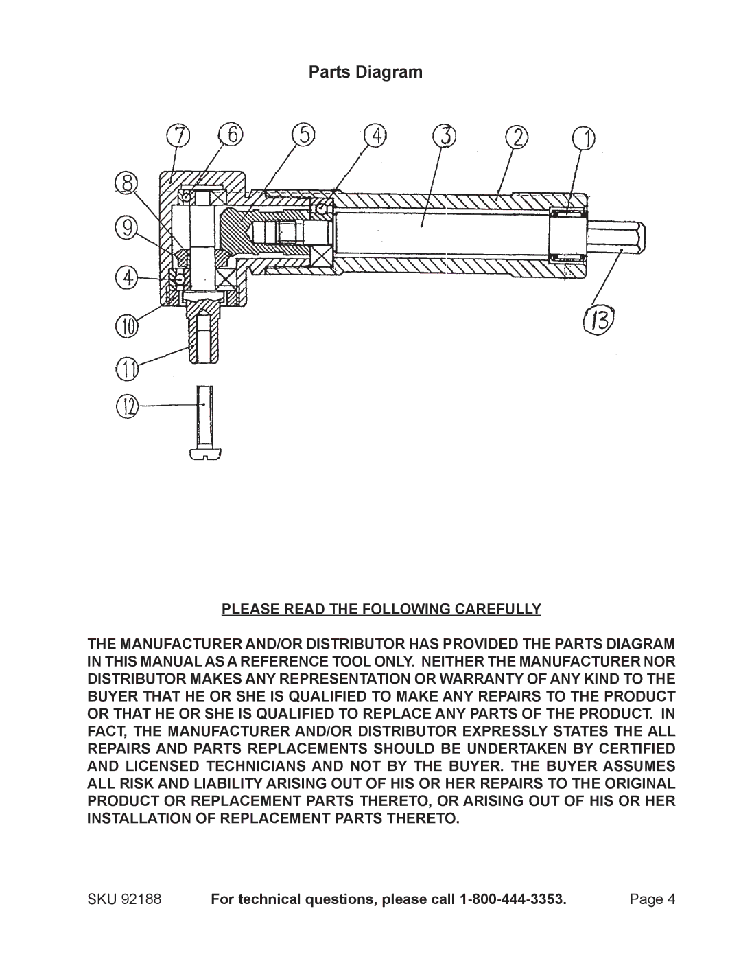 Harbor Freight Tools 92188 operating instructions Parts Diagram, Please Read the Following Carefully 