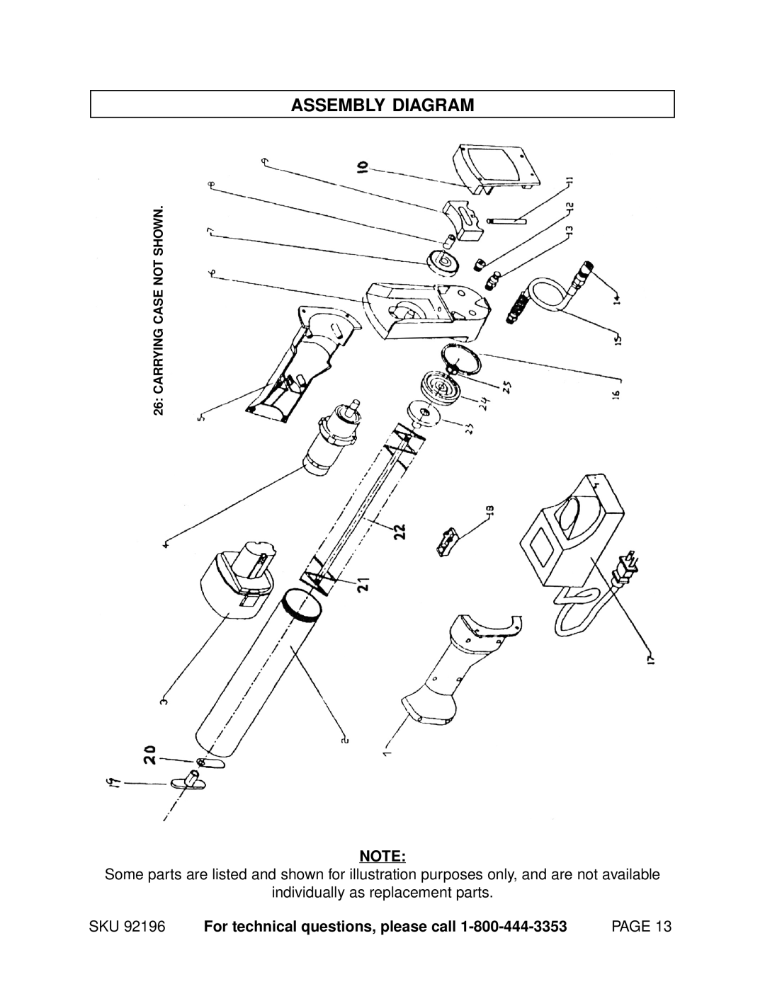 Harbor Freight Tools 92196 operating instructions Assembly Diagram 