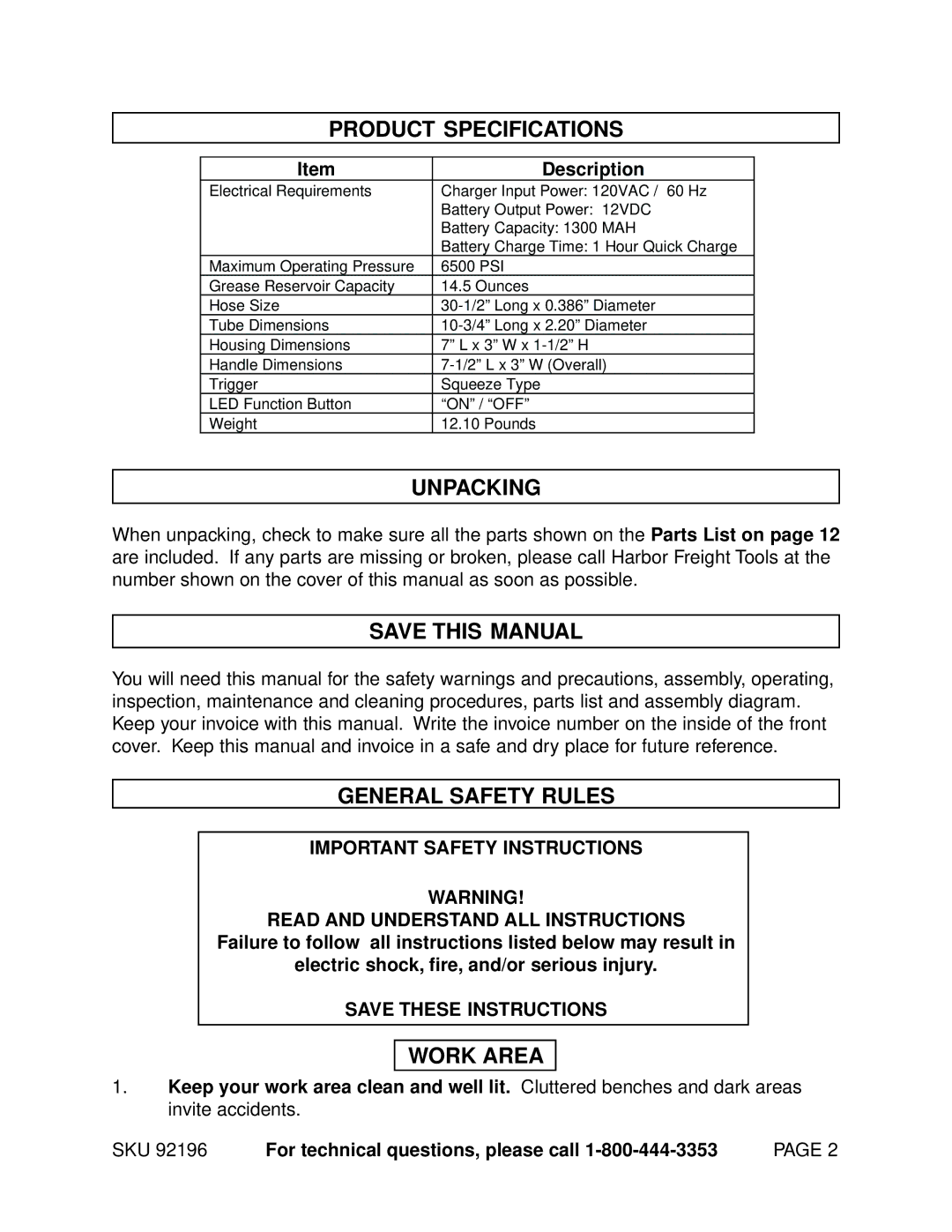 Harbor Freight Tools 92196 Product Specifications, Unpacking, Save this Manual, General Safety Rules, Work Area 