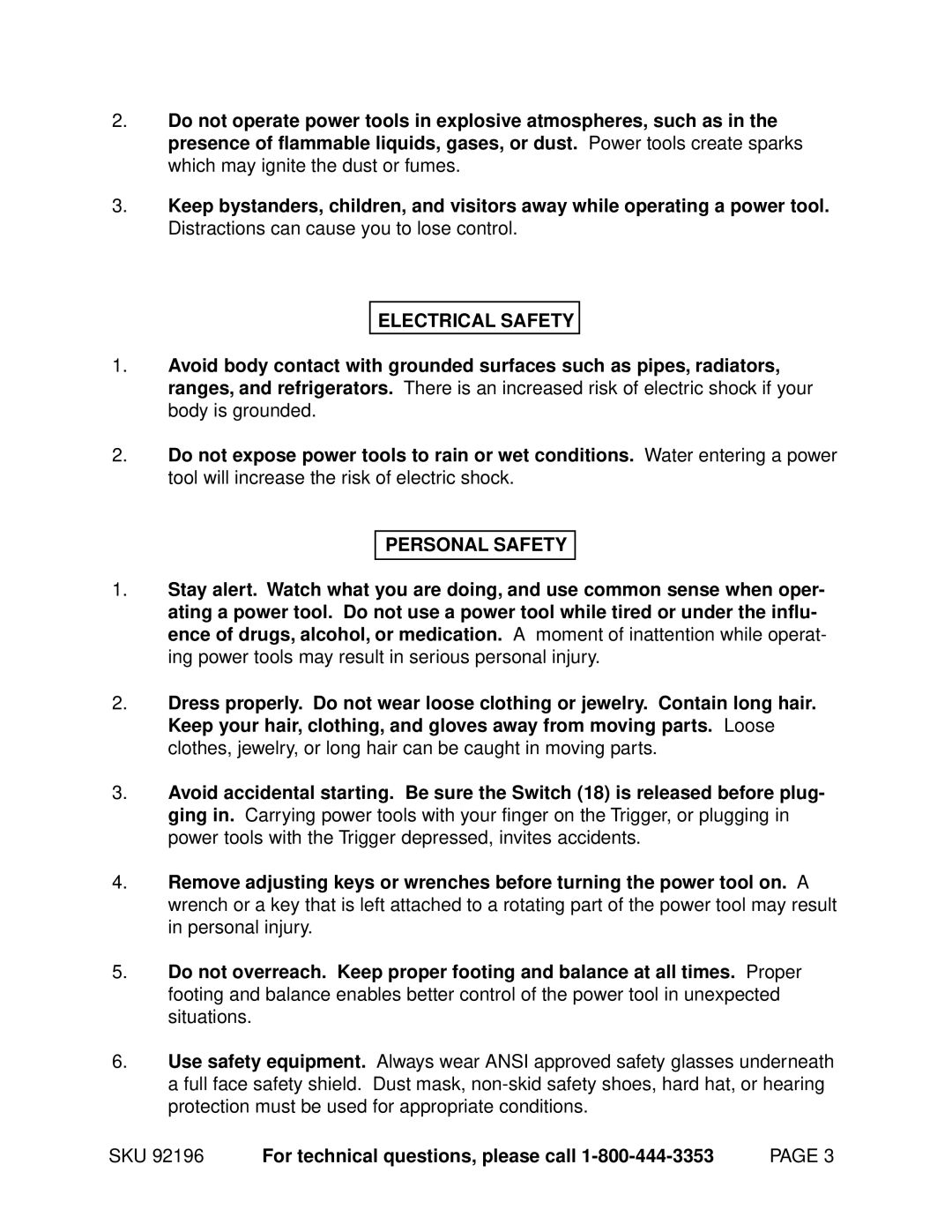 Harbor Freight Tools 92196 operating instructions Electrical Safety 