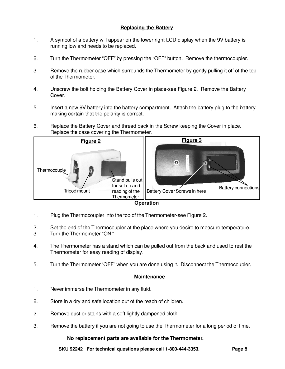 Harbor Freight Tools 92242 operating instructions Replacing the Battery, Operation, Maintenance 