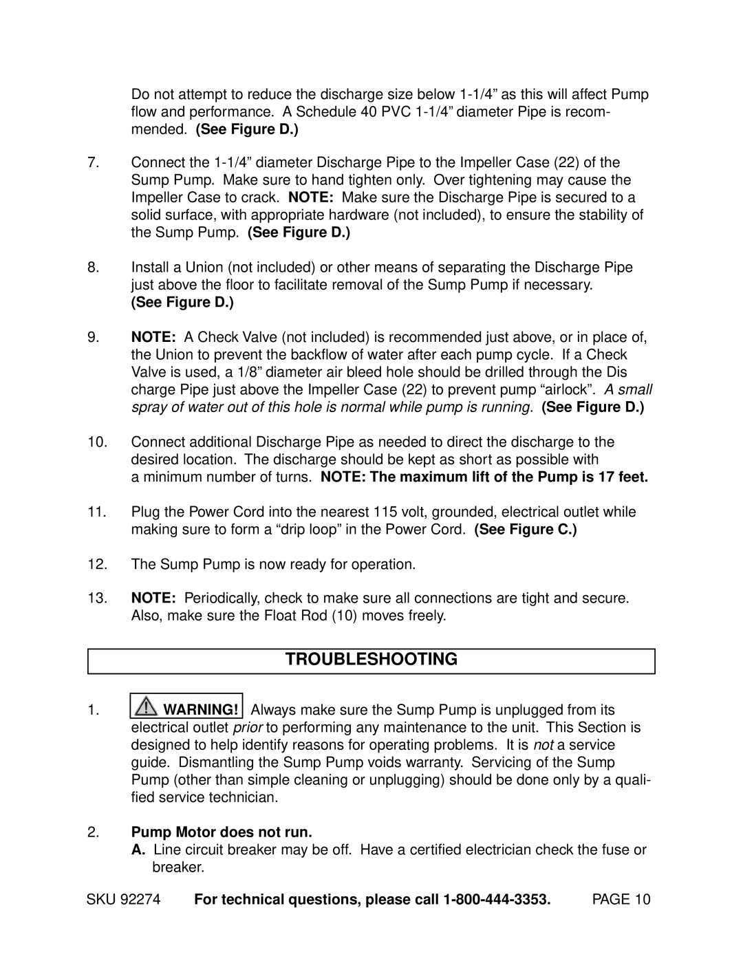 Harbor Freight Tools 92274 manual Troubleshooting, See Figure D, Pump Motor does not run 