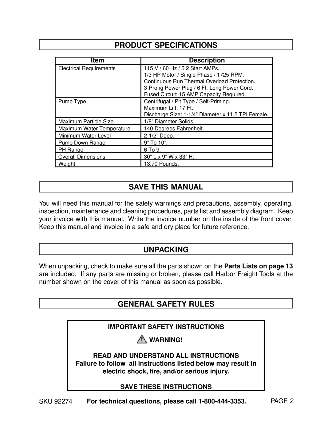 Harbor Freight Tools 92274 manual Product Specifications, Save this Manual, Unpacking, General Safety Rules, Description 