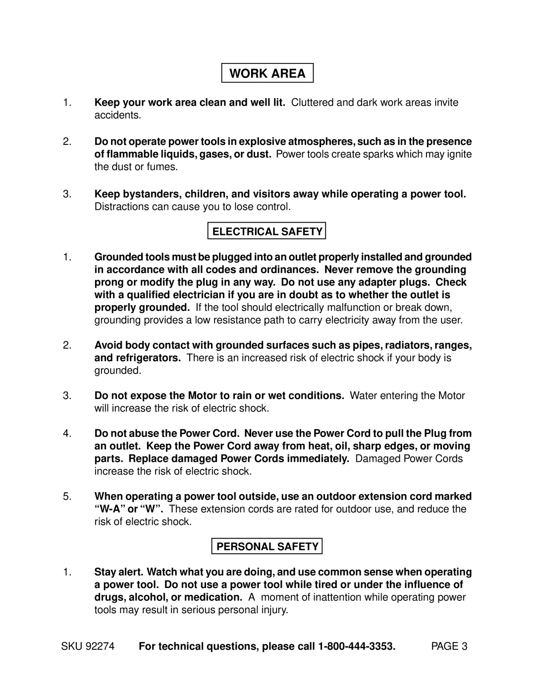 Harbor Freight Tools 92274 manual Work Area, Electrical Safety, Personal Safety, SKU For technical questions, please call 