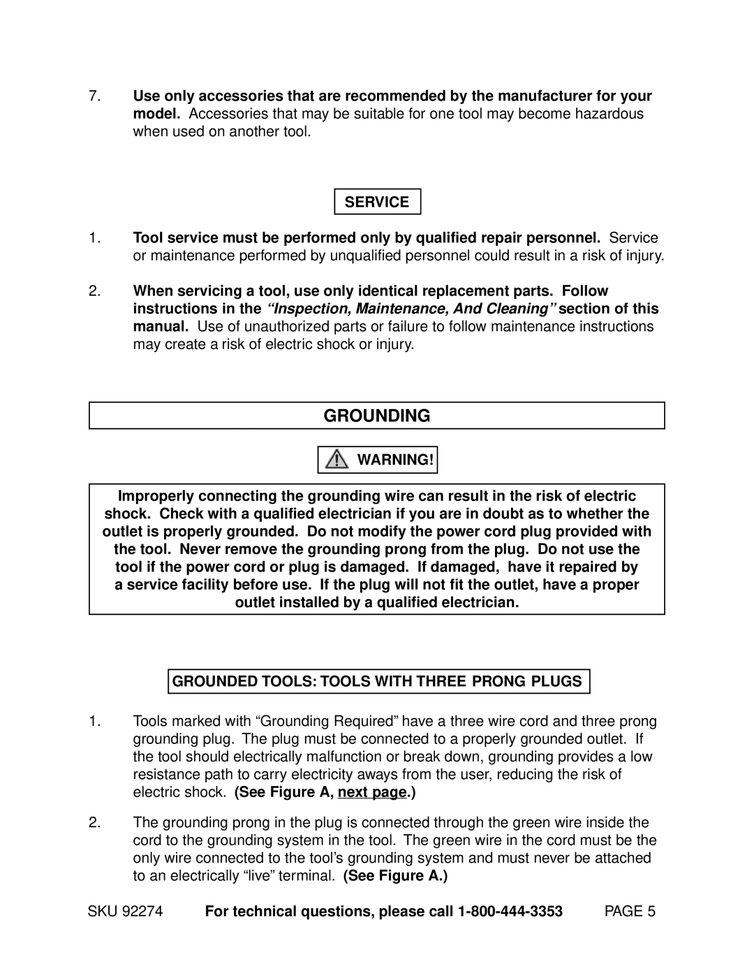Harbor Freight Tools 92274 manual Grounding, Service, Grounded Tools Tools with Three Prong Plugs 