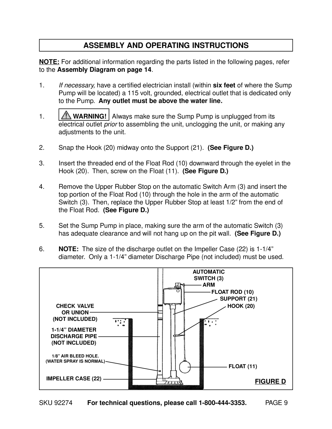 Harbor Freight Tools 92274 manual Assembly and Operating Instructions, Figure D 