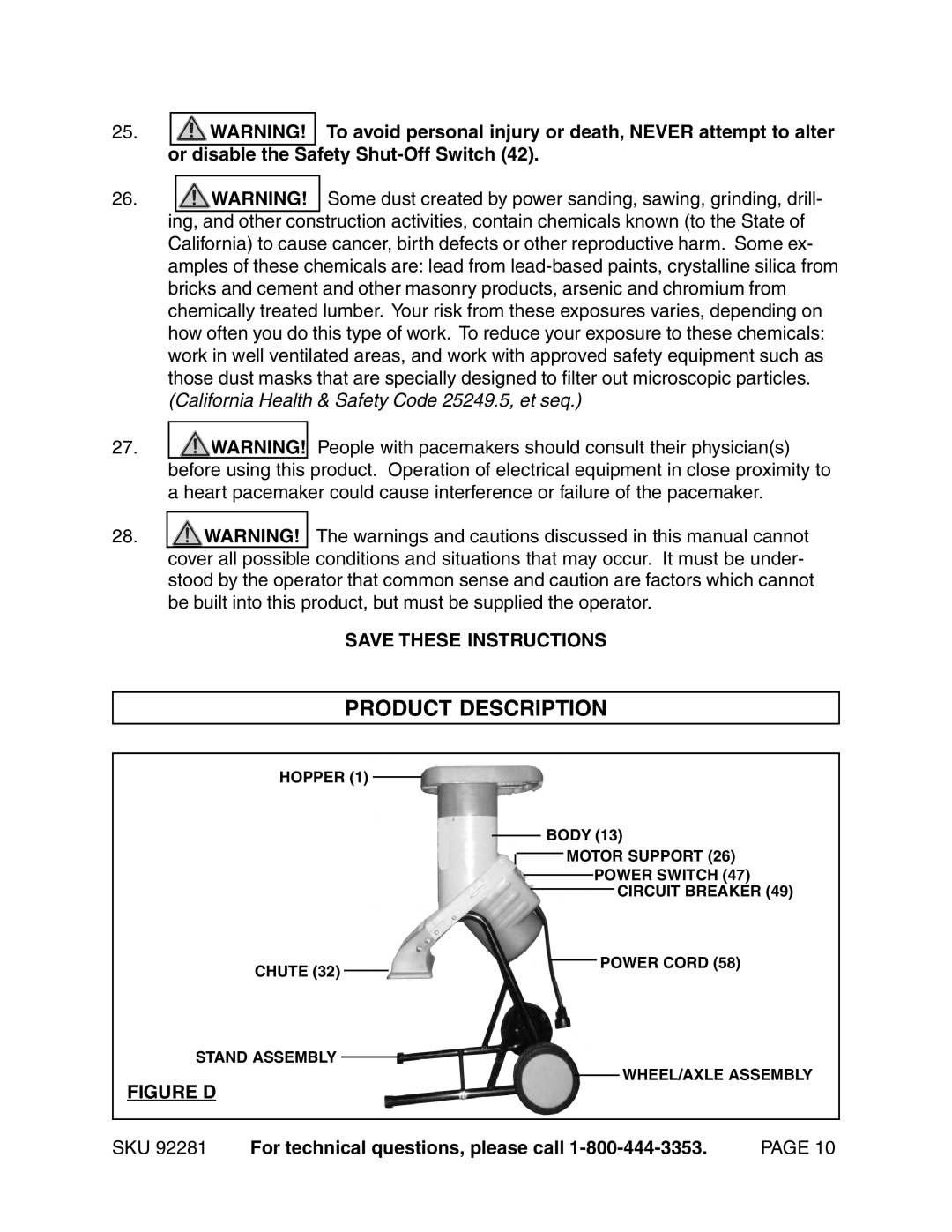 Harbor Freight Tools 92281 manual Product Description, Figure D 