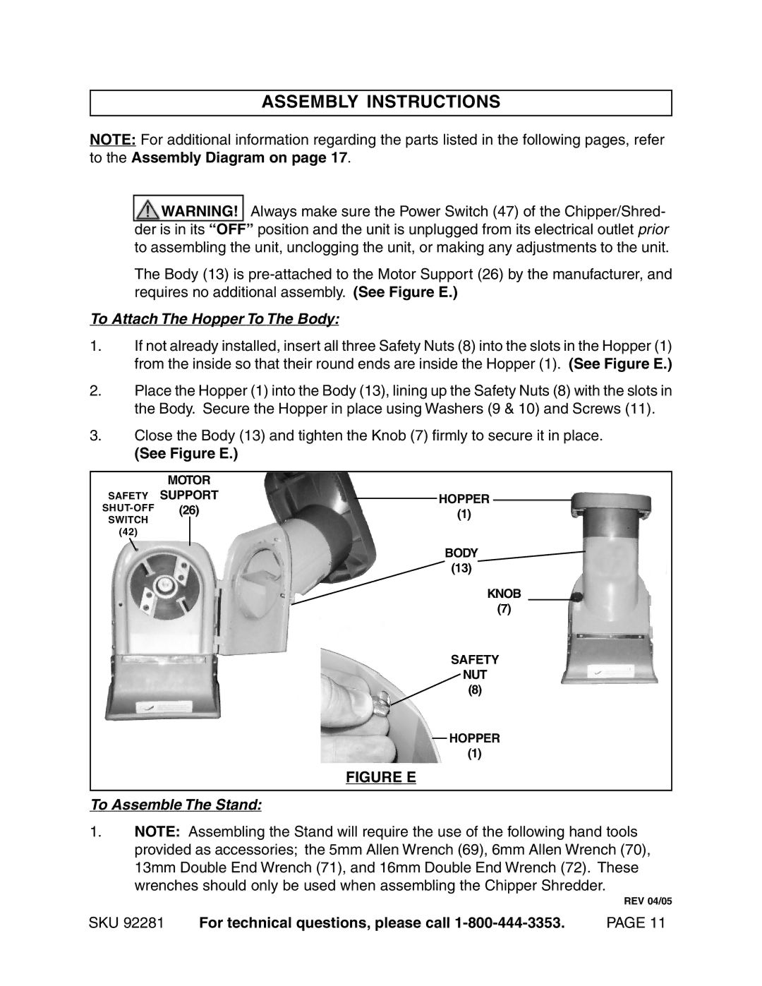 Harbor Freight Tools 92281 manual Assembly Instructions, See Figure E 