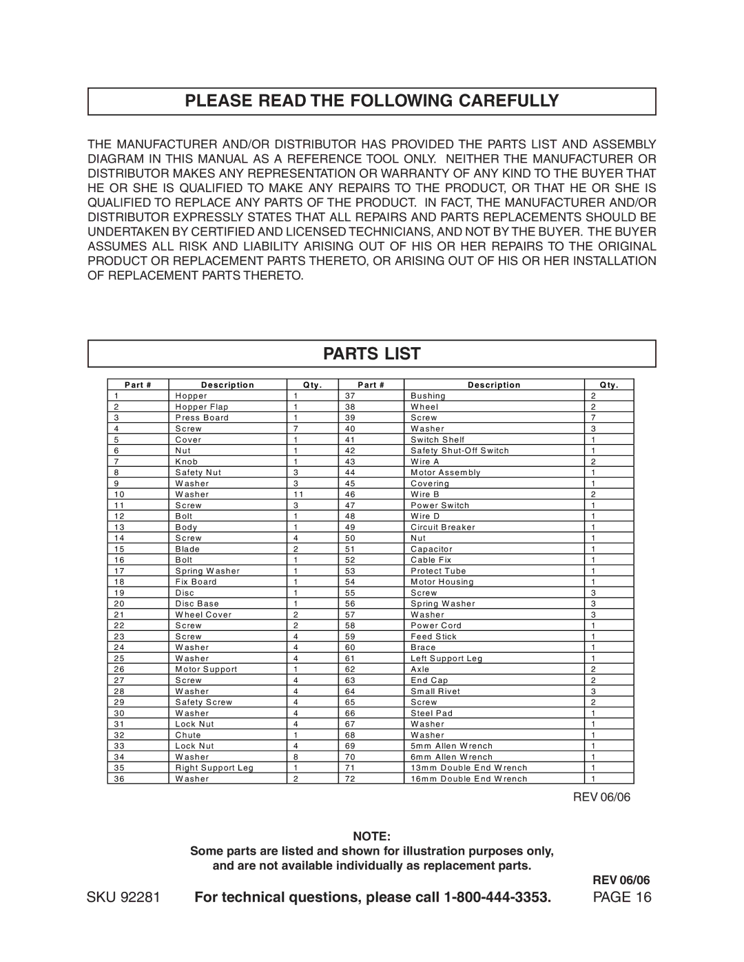 Harbor Freight Tools 92281 manual Please Read the Following Carefully, Parts List 