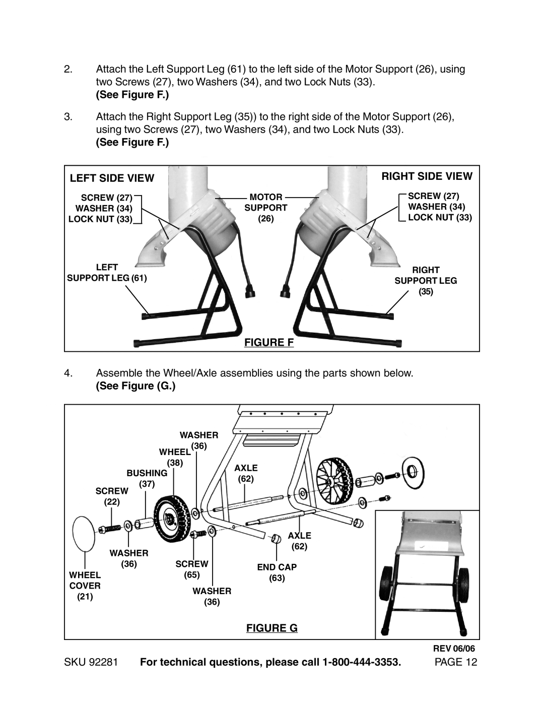 Harbor Freight Tools 92281 manual See Figure F, Left Side View, Right Side View, See Figure G 