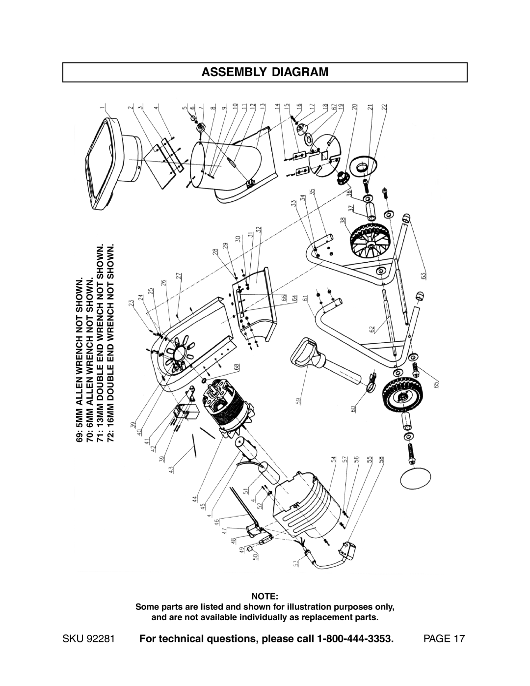 Harbor Freight Tools 92281 manual Assembly Diagram, For technical questions, please call, Page, 5MM ALLEN WRENCH NOT SHOWN 