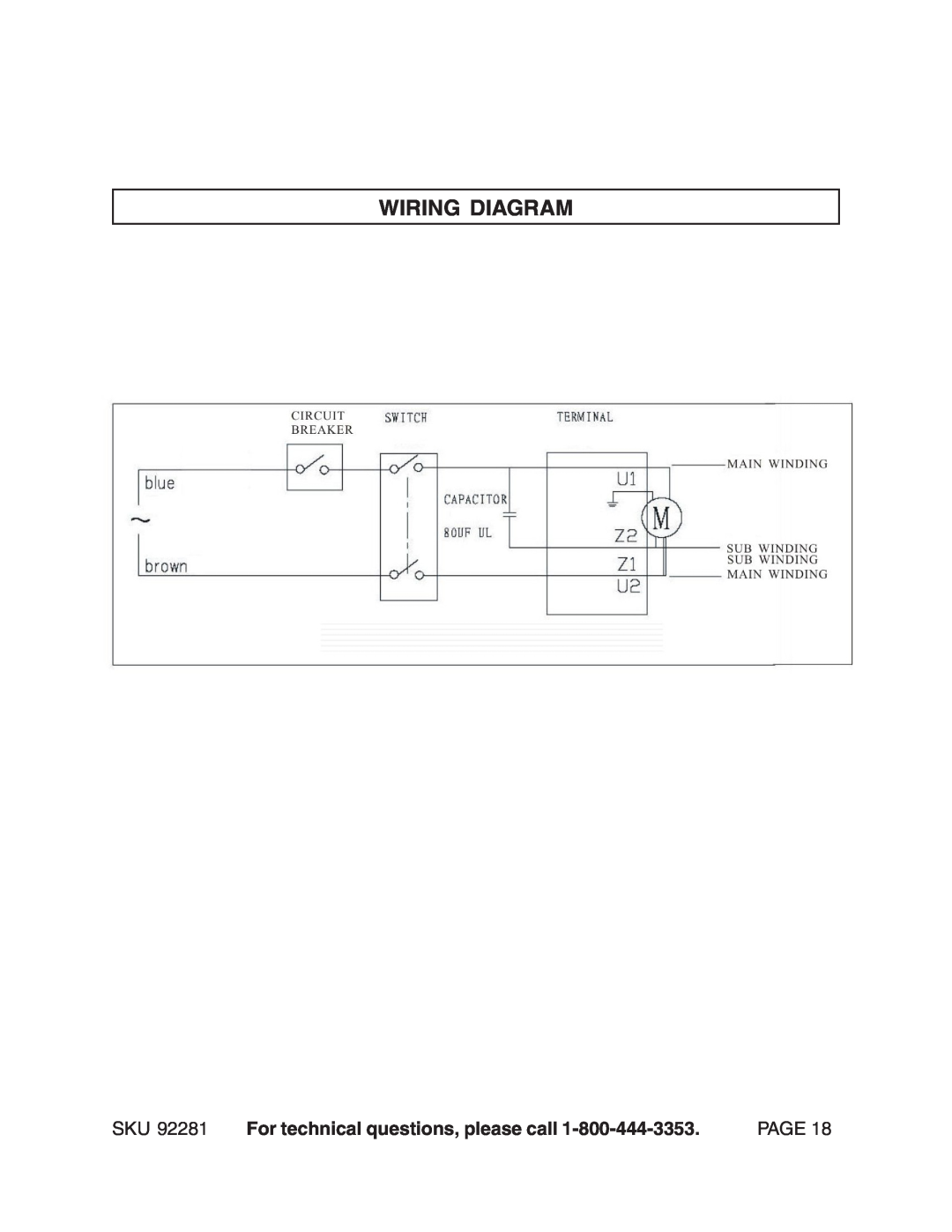 Harbor Freight Tools 92281 manual Wiring Diagram, For technical questions, please call, Page 