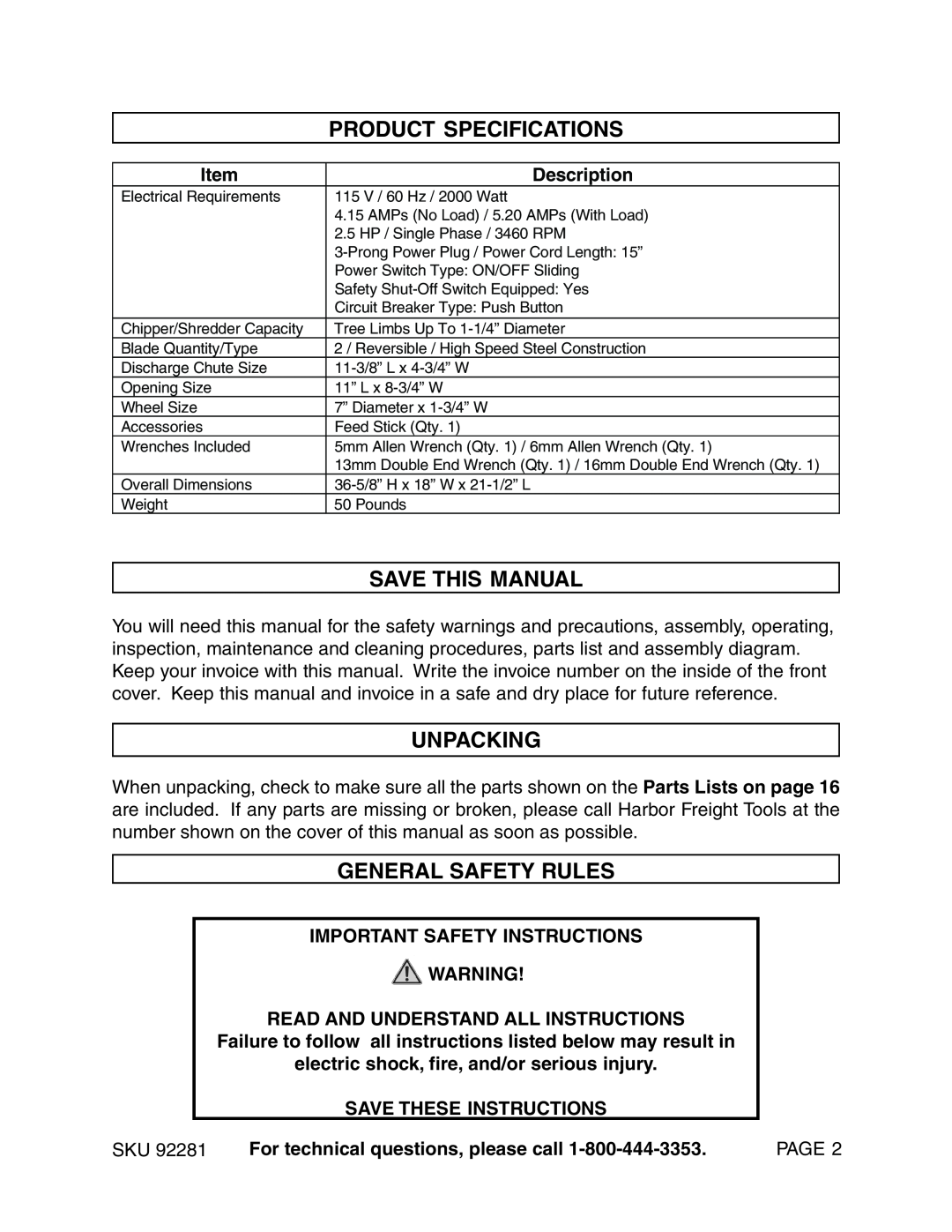 Harbor Freight Tools 92281 manual Product Specifications, Save This Manual, Unpacking, General Safety Rules, Description 