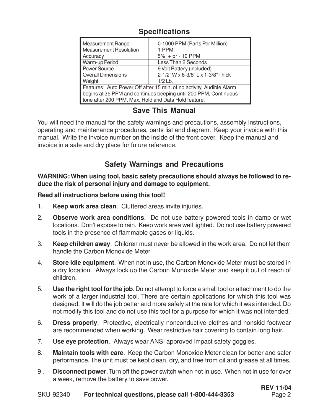 Harbor Freight Tools 92340 manual Specifications, Save This Manual, Safety Warnings and Precautions 