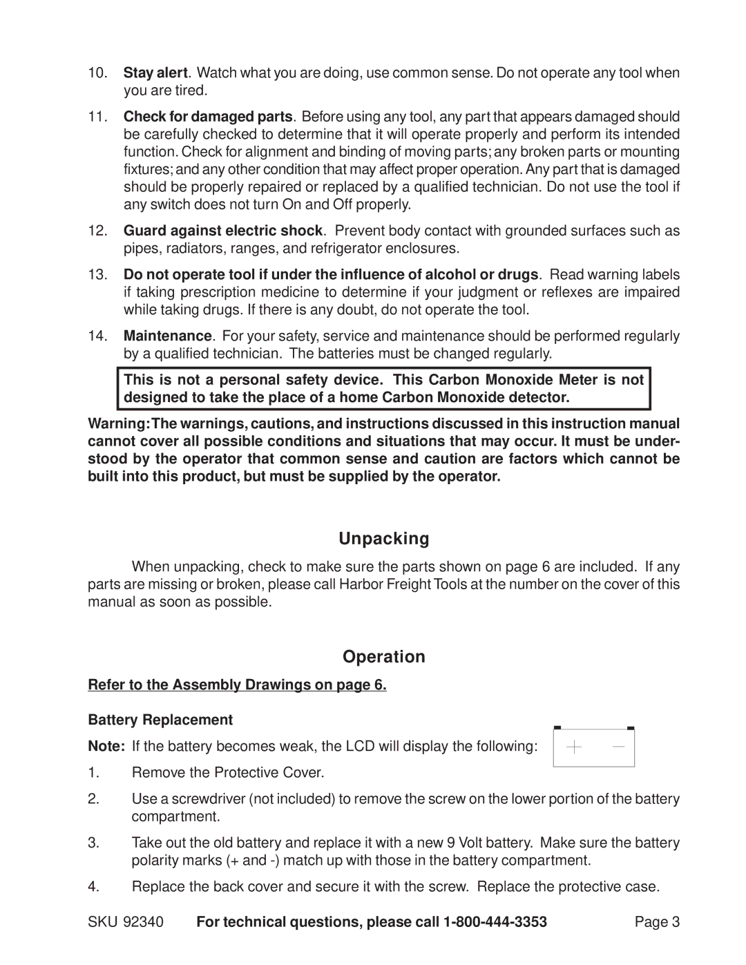 Harbor Freight Tools 92340 manual Unpacking, Operation, Refer to the Assembly Drawings on Battery Replacement 