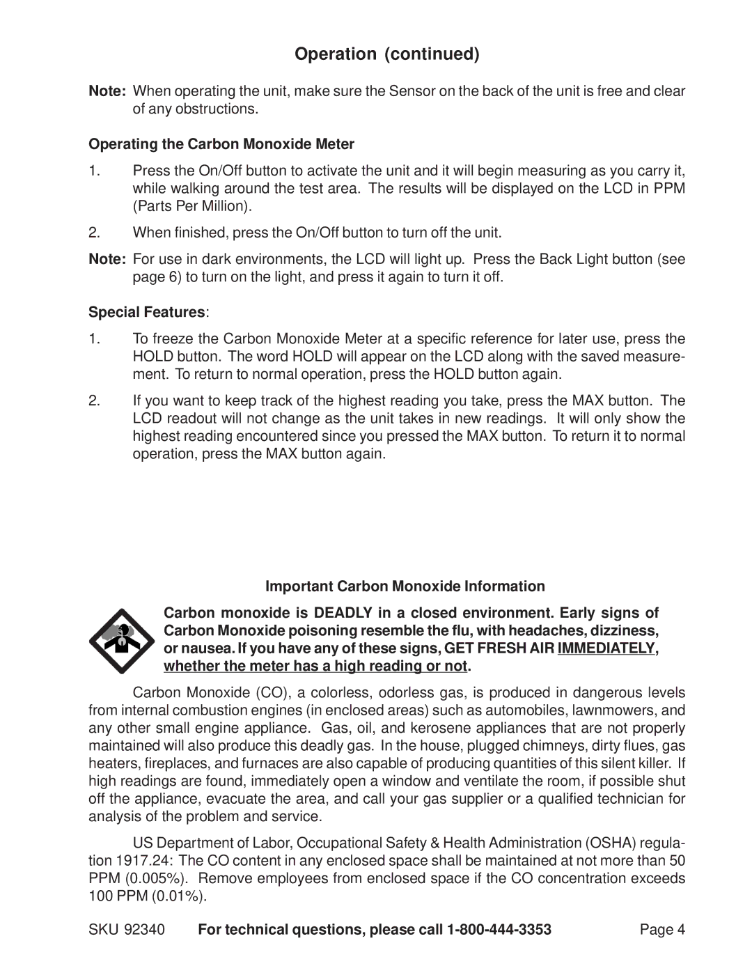 Harbor Freight Tools 92340 manual Operating the Carbon Monoxide Meter, Special Features 