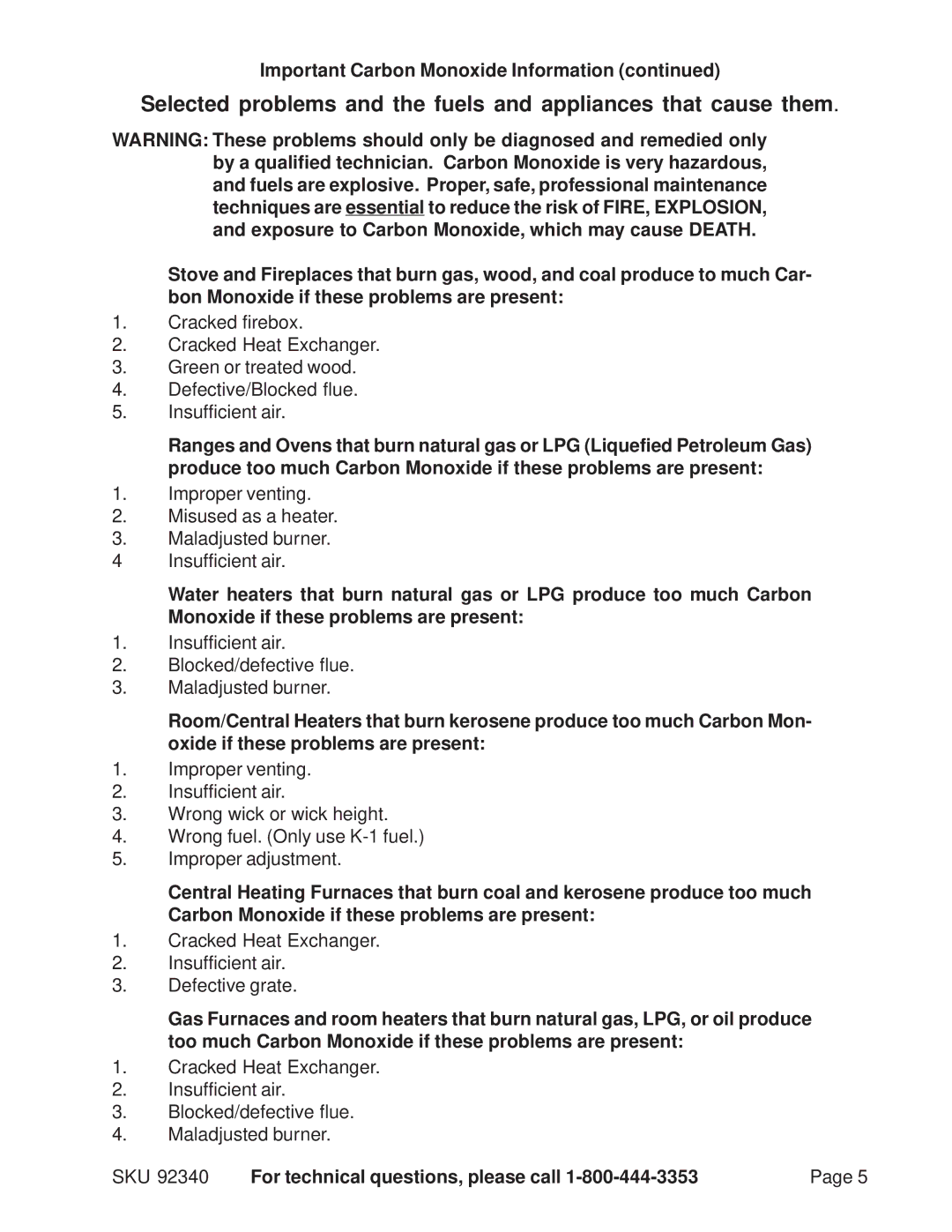 Harbor Freight Tools 92340 manual Important Carbon Monoxide Information 