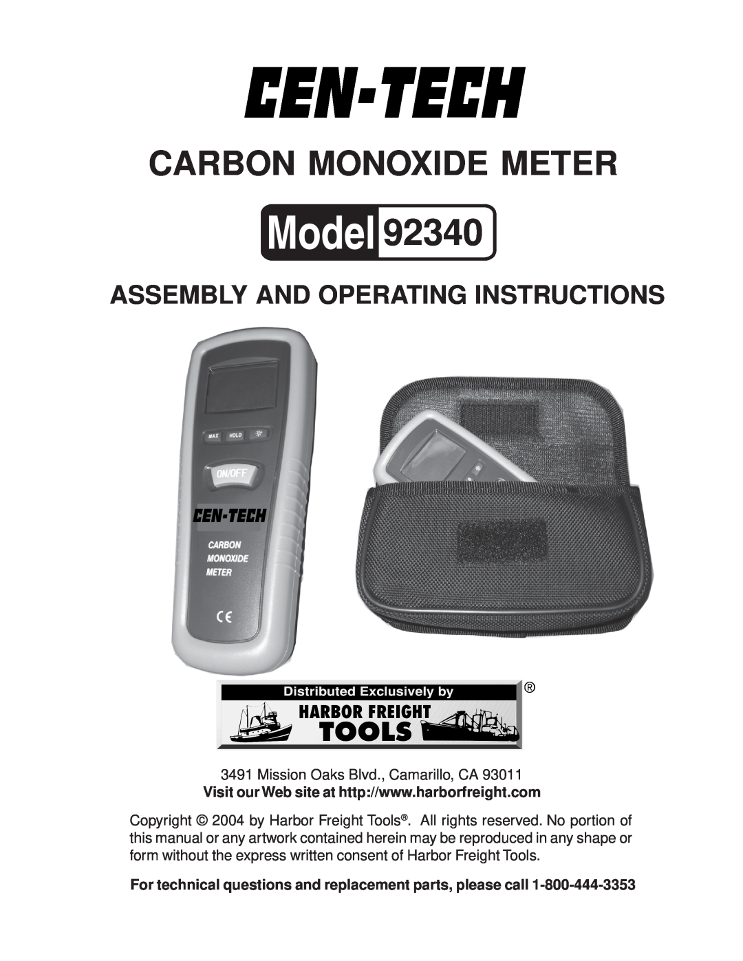 Harbor Freight Tools 92340 manual Carbon Monoxide Meter, Assembly And Operating Instructions 