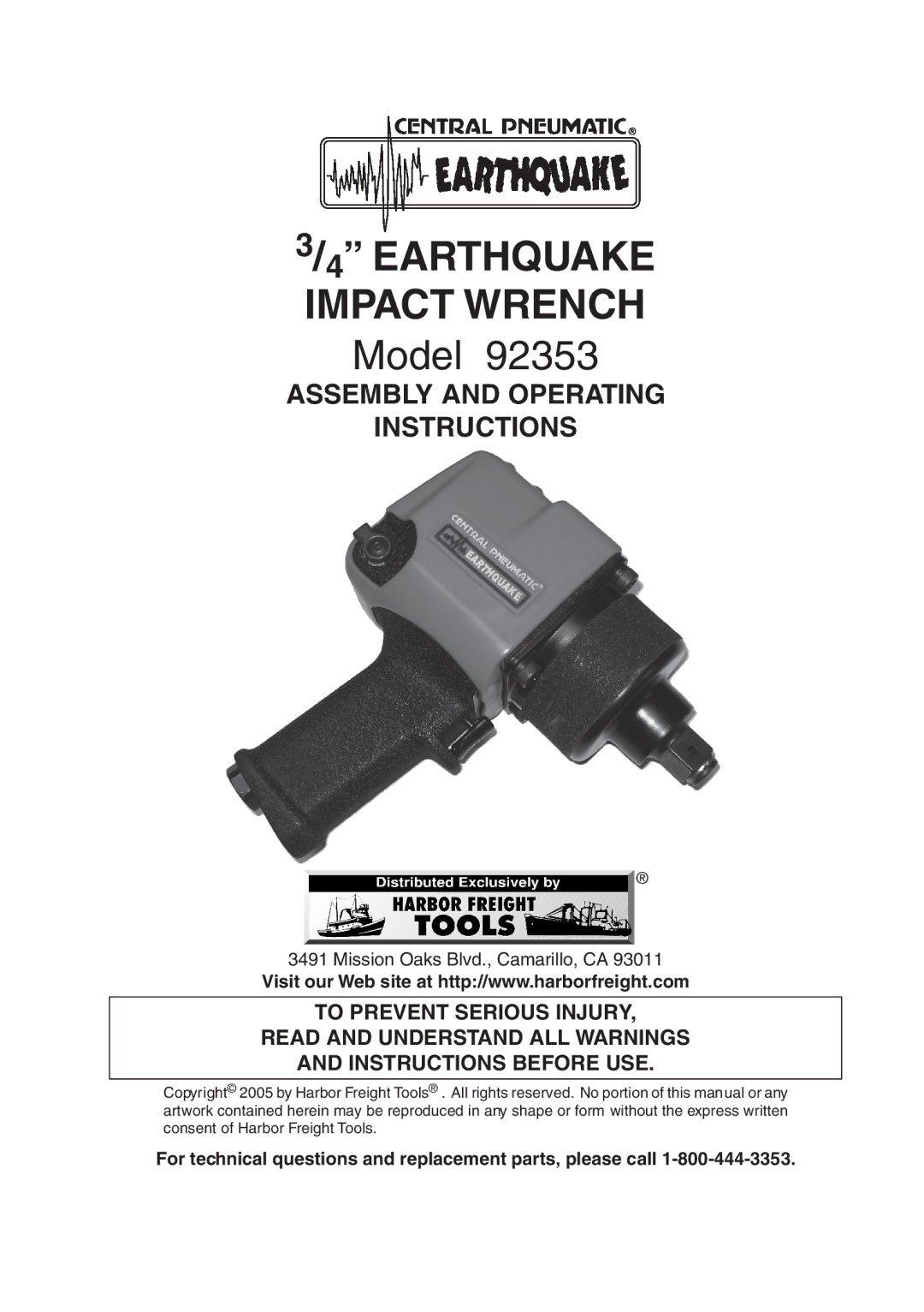 Harbor Freight Tools 92353 operating instructions Model, For technical questions and replacement parts, please call 