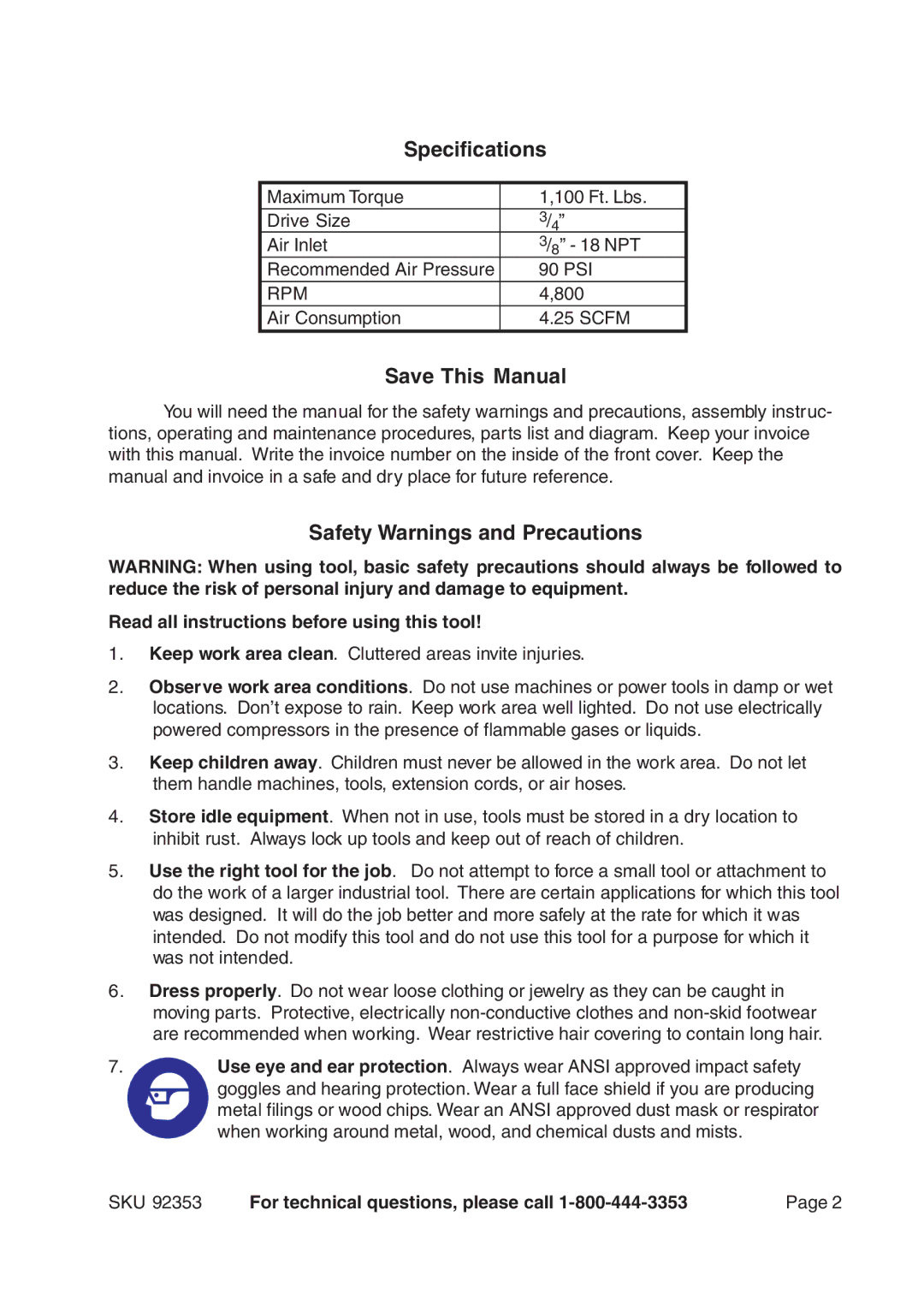 Harbor Freight Tools 92353 operating instructions Specifications, Save This Manual, Safety Warnings and Precautions 