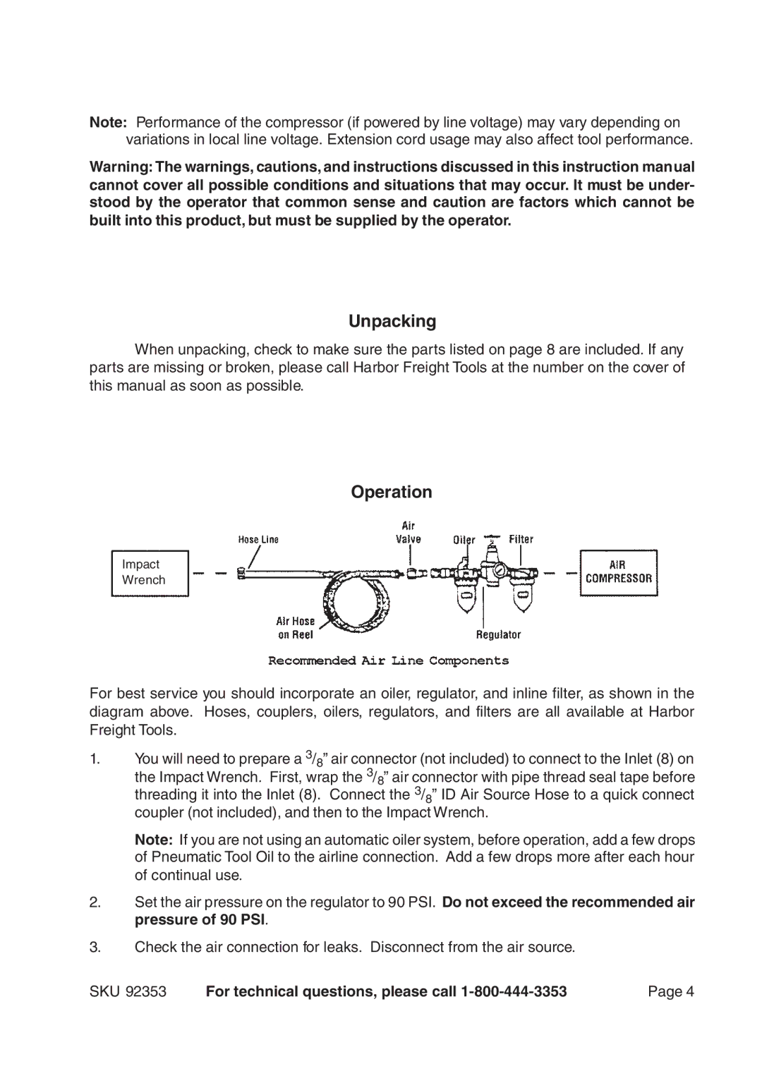 Harbor Freight Tools 92353 operating instructions Unpacking, Operation 