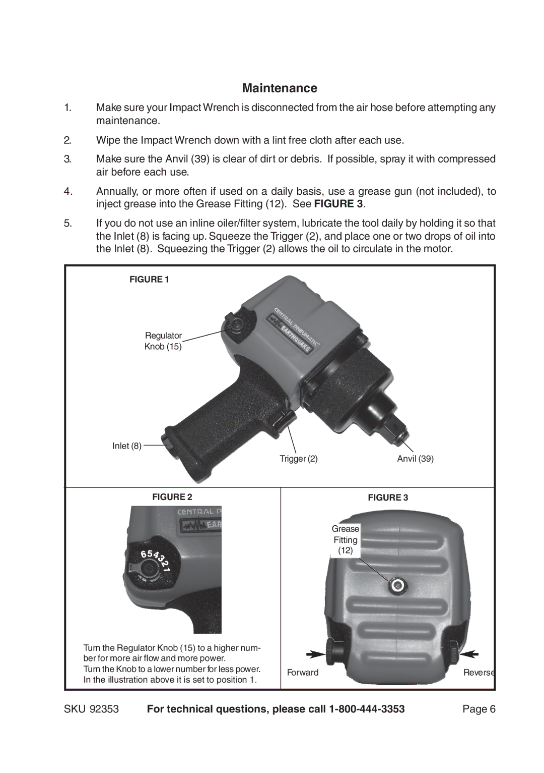 Harbor Freight Tools 92353 operating instructions Maintenance 