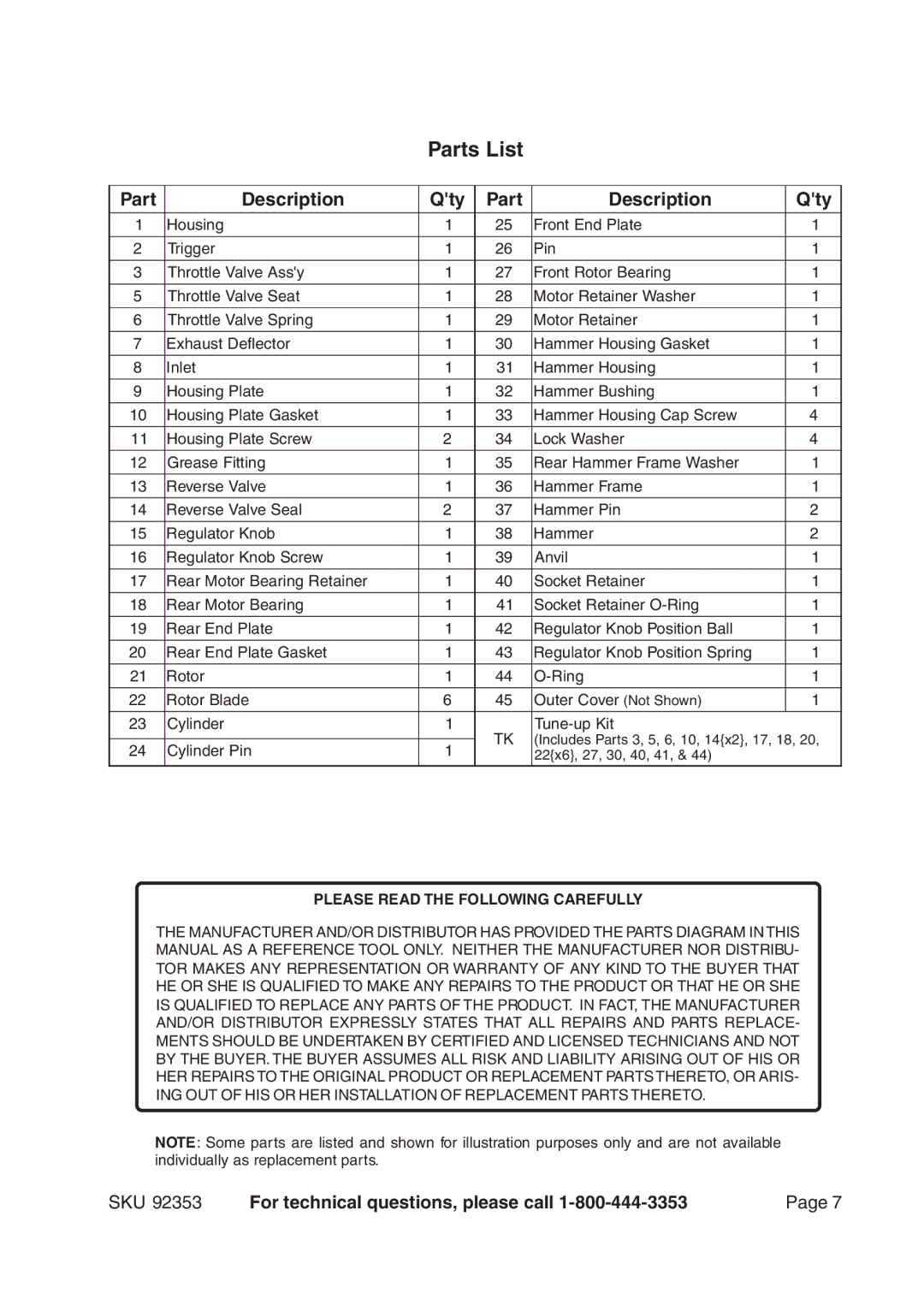 Harbor Freight Tools 92353 operating instructions Parts List, Part Description Qty 