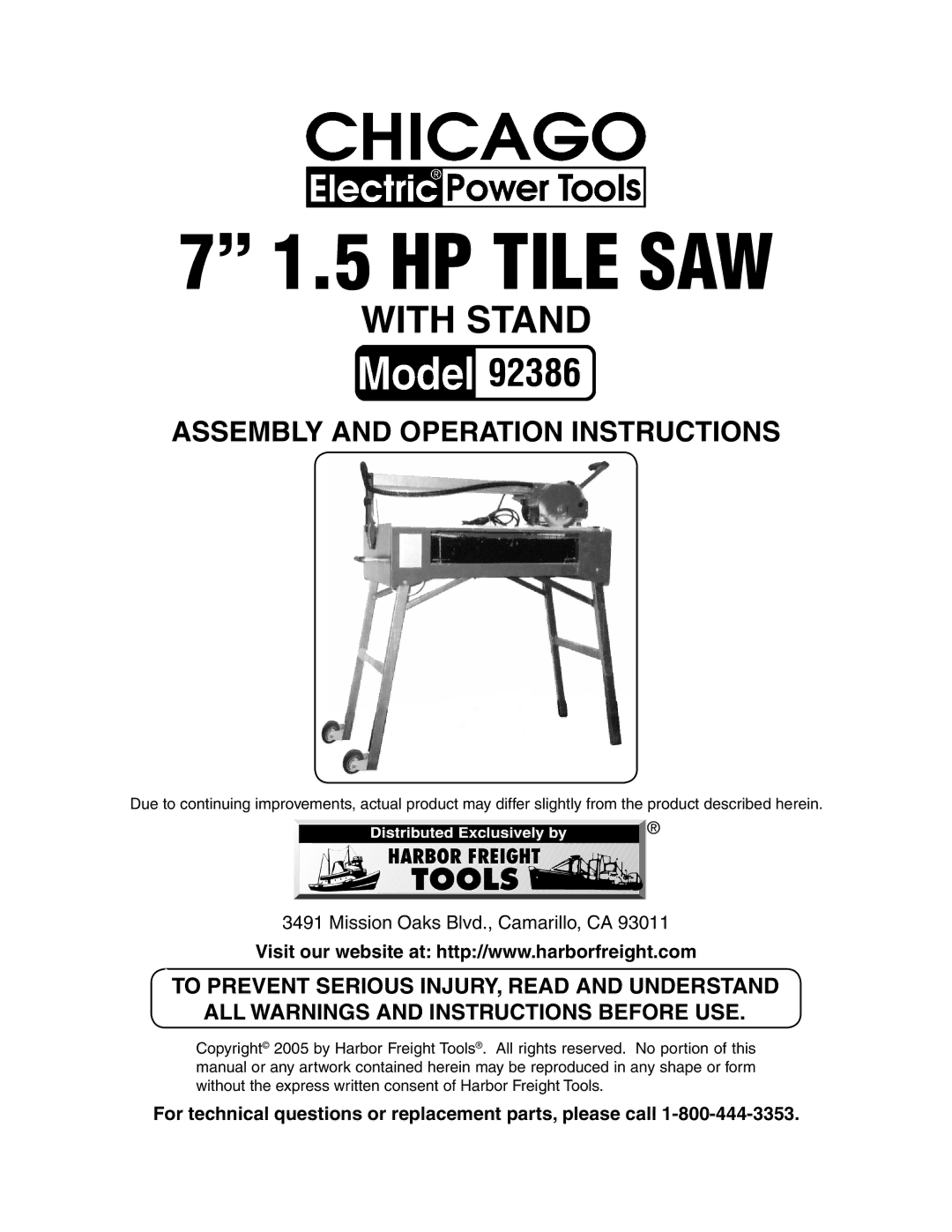 Harbor Freight Tools 92386 manual HP Tile SAW, For technical questions or replacement parts, please call 