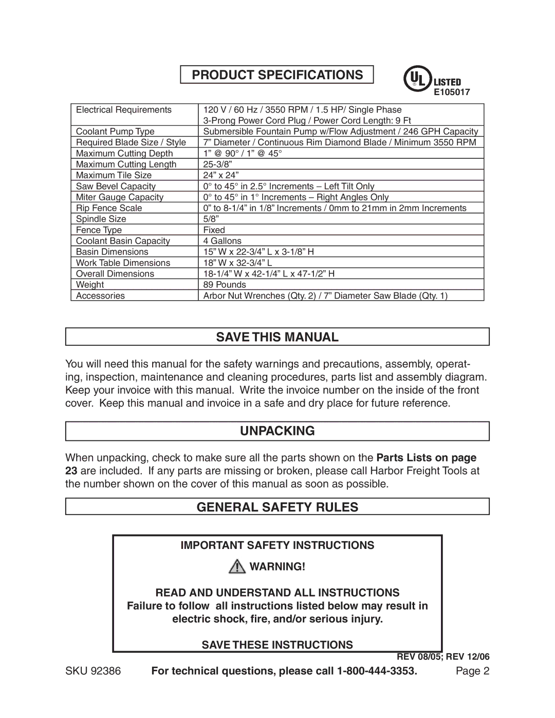 Harbor Freight Tools 92386 manual Product Specifications, Save this Manual, Unpacking, General Safety Rules 