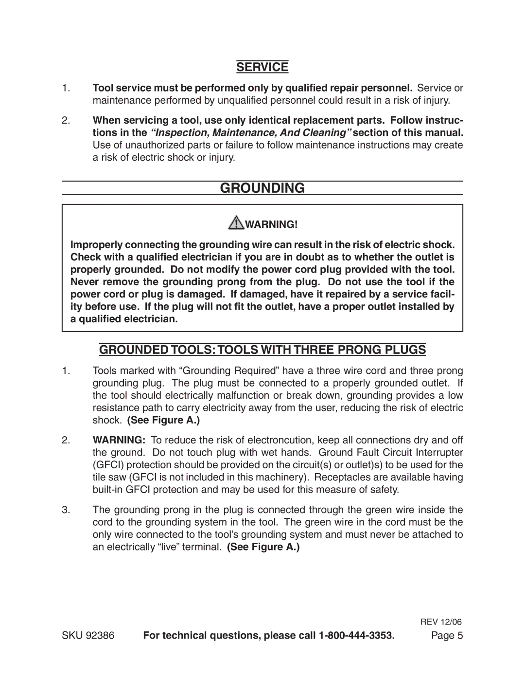 Harbor Freight Tools 92386 manual Grounding, Service 