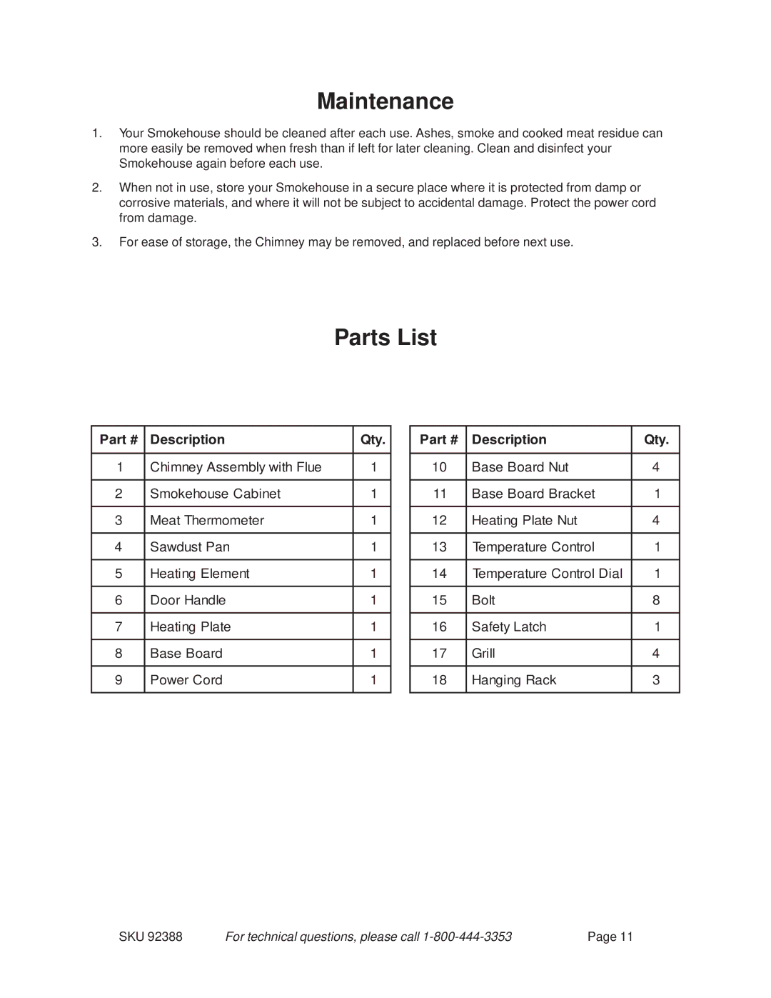 Harbor Freight Tools 92388 operating instructions Maintenance, Parts List 