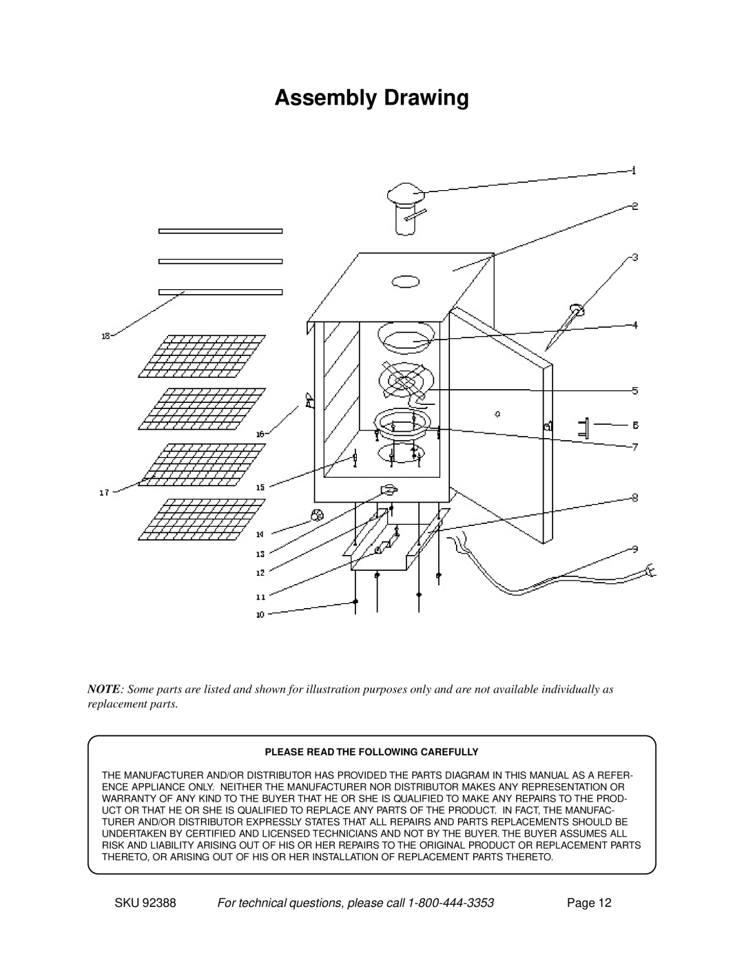 Harbor Freight Tools 92388 operating instructions Assembly Drawing, Please Read the Following Carefully 