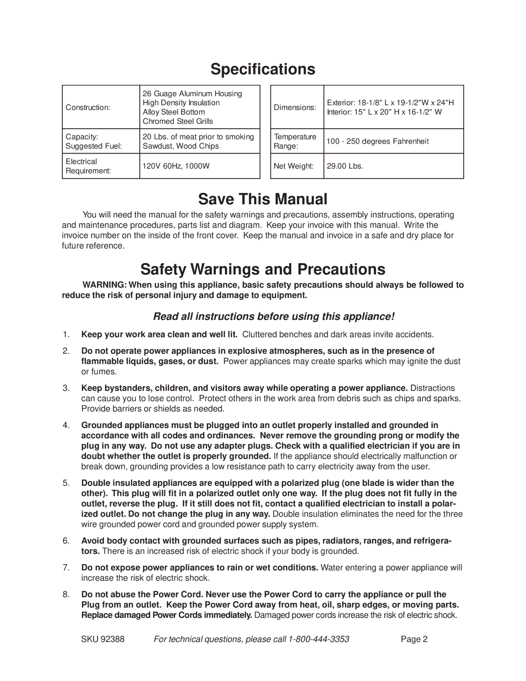 Harbor Freight Tools 92388 operating instructions Specifications, Save This Manual, Safety Warnings and Precautions 