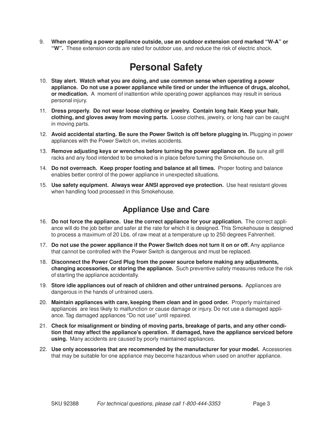 Harbor Freight Tools 92388 operating instructions Personal Safety, Appliance Use and Care 