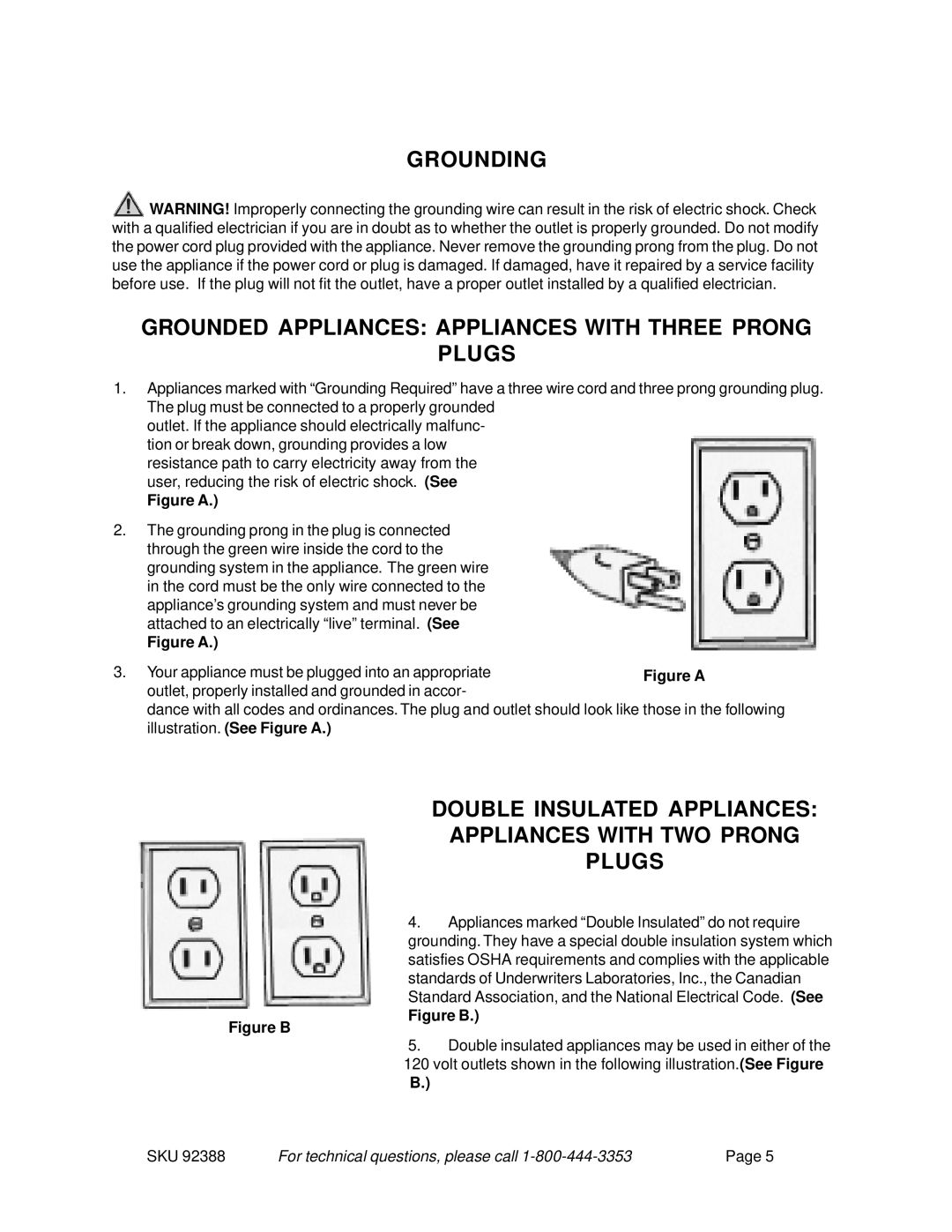 Harbor Freight Tools 92388 operating instructions Double Insulated Appliances Appliances with TWO Prong Plugs 