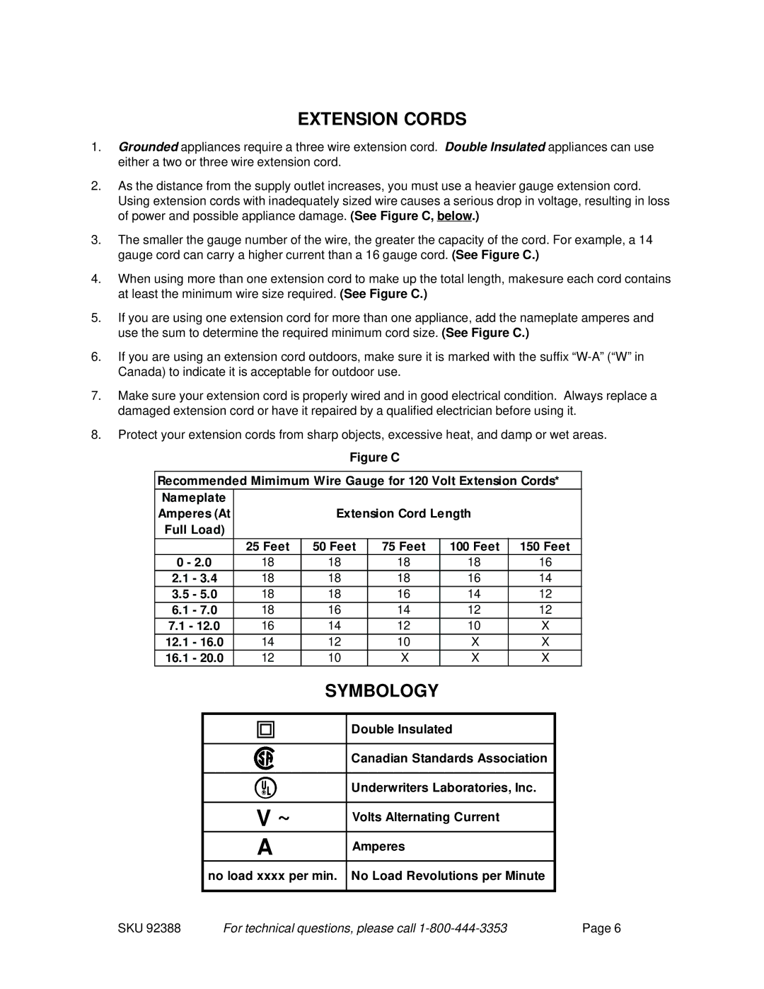 Harbor Freight Tools 92388 operating instructions Extension Cords 