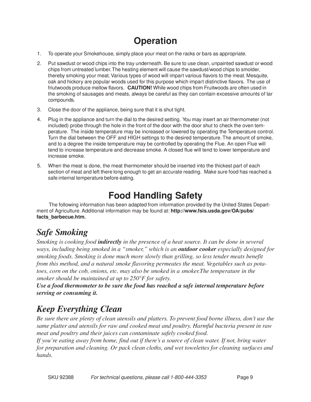 Harbor Freight Tools 92388 operating instructions Operation, Food Handling Safety 