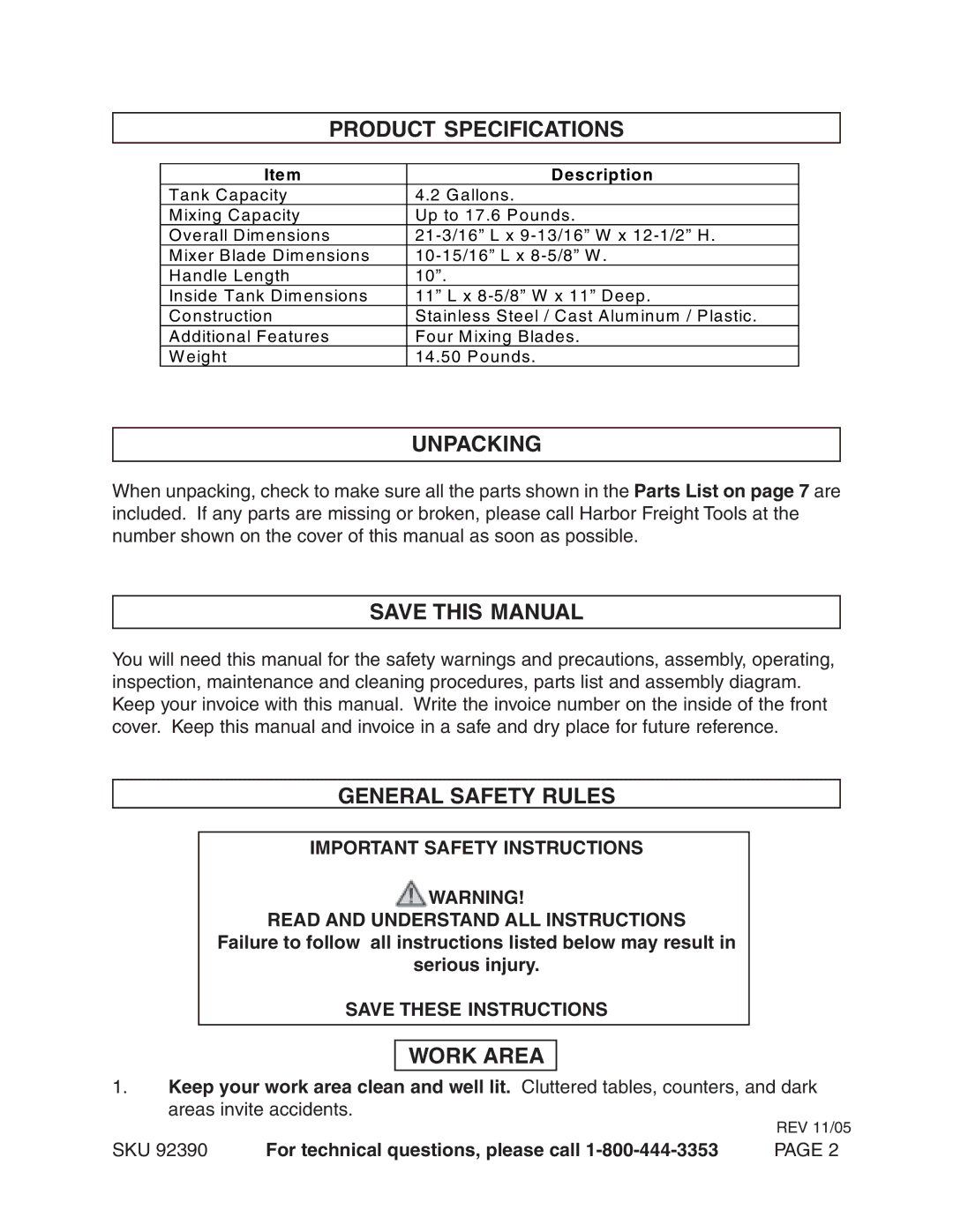 Harbor Freight Tools 92390 manual Product Specifications, Unpacking, Save this Manual, General Safety Rules, Work Area 