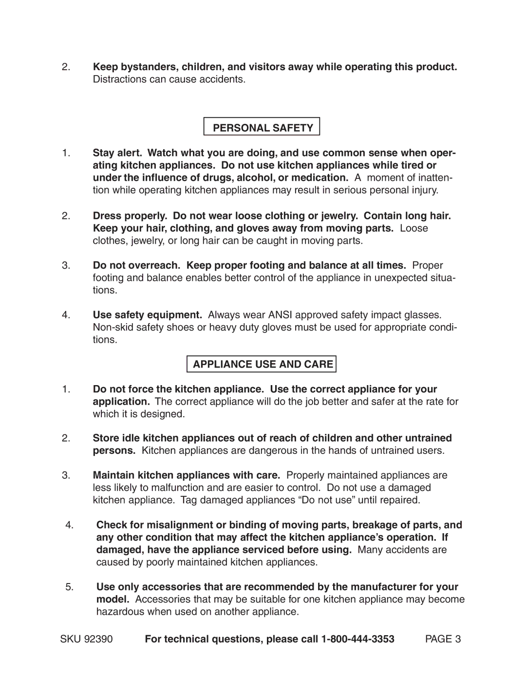 Harbor Freight Tools 92390 manual Personal Safety, Appliance USE and Care 