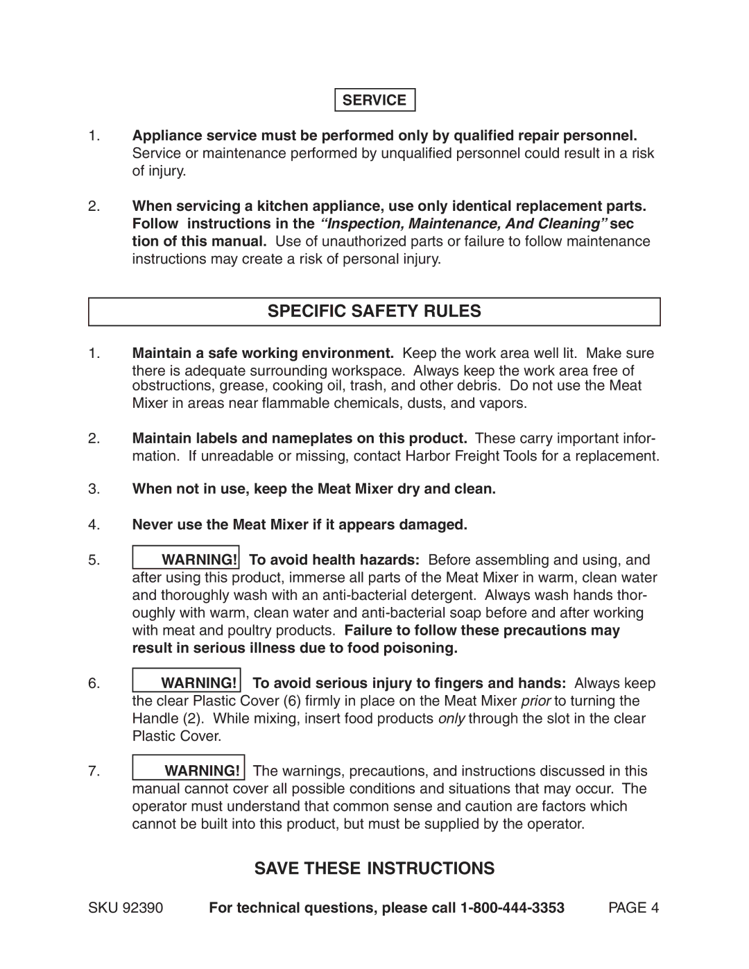 Harbor Freight Tools 92390 manual Specific Safety Rules, Service 